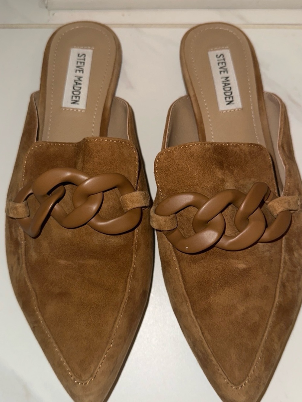Steve Madden Brown Suede Chain-Detail Slip-On Loafers